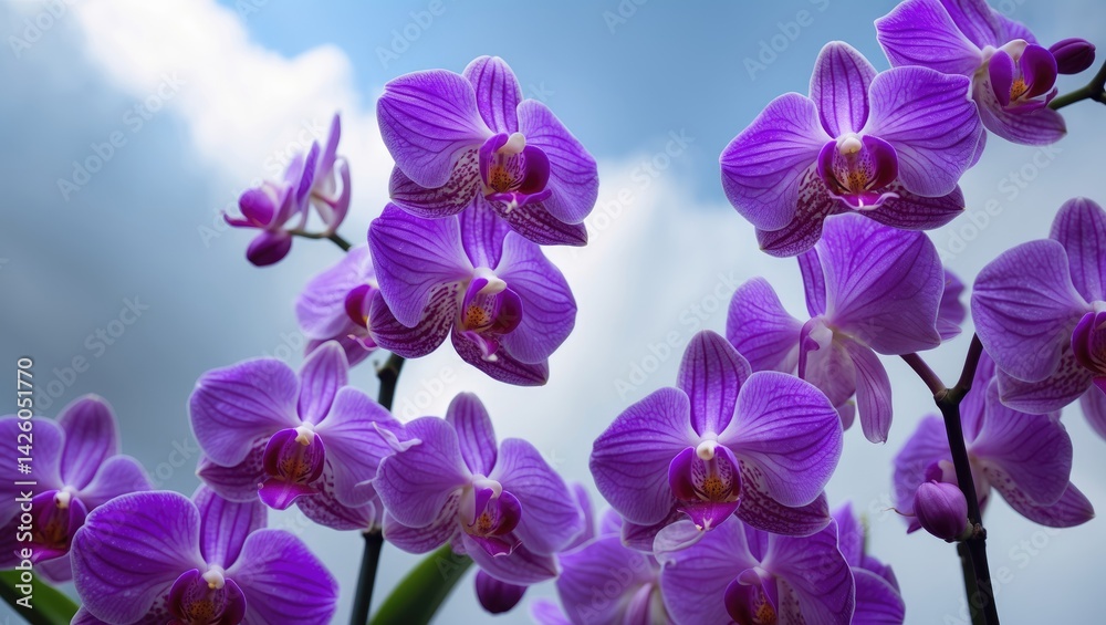 Obraz premium A colorful purple orchid blossom photographed against the sky outdoors, emphasizing the flower's beauty, vibrant color, and petal structure.