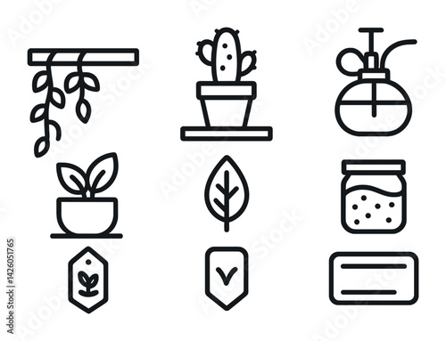 Gardening and botanicals: linear icons set featuring plants, cactus, and decorative elements