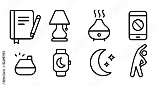 Nighttime routine icons set in linear style: essential sleep and relaxation symbols
