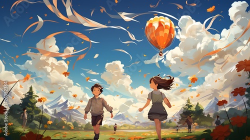 A sunny park scene with kids flying kites with bright patterns.