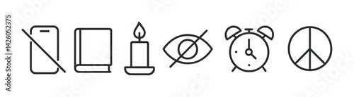 Minimalist line icons set: peace, alarm, invisible, candle, book, phone