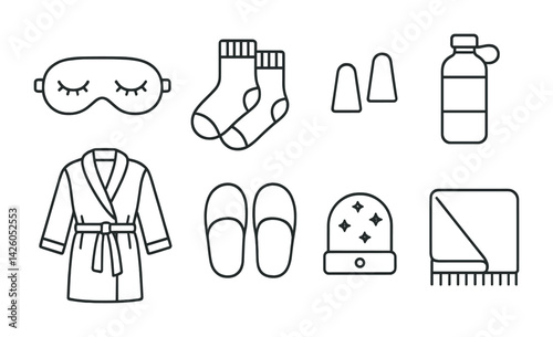 Cozy home essentials: linear icon set featuring relaxing and sleep accessories
