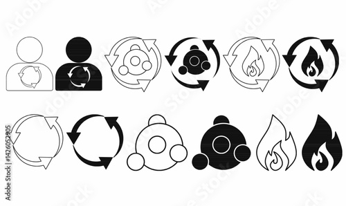 Metabolism icons set featuring human, molecule, cycle, and fire symbols. Perfect for health, biology, energy flow, and fitness concepts in outline and solid styles.