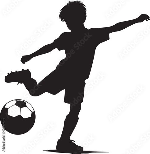 Boy Kicking Football Silhouette Vector – Editable Sport Icon on White Background. A dynamic silhouette vector of a young boy kicking a football. Perfect for sports-themed designs.