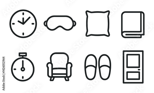 Sleep and relaxation icons set: linear design with clock, sleep mask, pillow, blanket, and more