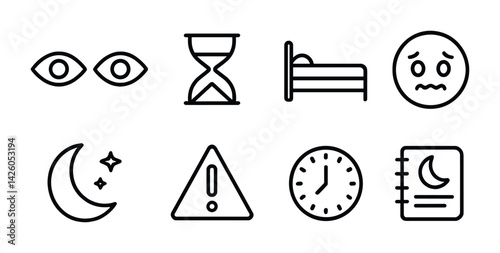 Sleep and nighttime linear icons set: eyes, hourglass, bed, sleepy face, moon, alert, clock, journal