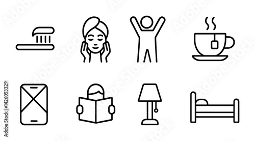 Bedtime routine icon set: linear style with relaxing night activities