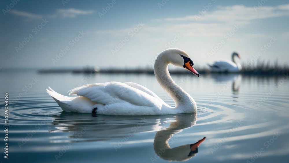 A stunning white swan glides over the mirror-like water surface. A stunning white swan glides over the mirror-like water surface.