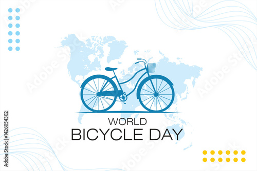 Flat style vector illustration for World Bicycle Day featuring a blue bicycle silhouette with a world map background. Promotes cycling as a simple, affordable, and eco-friendly mode of transportation.