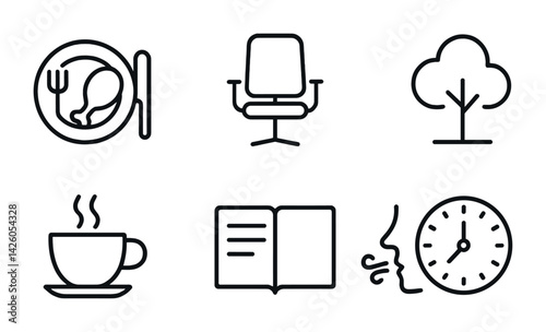 Minimalistic linear icons set: dining, workspace, nature, coffee, reading, communication, time