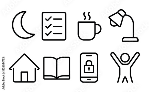 Day and night routine icon set: linear style for daily activities