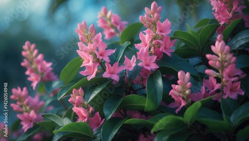 Oleander blooms amid lush green leaves.