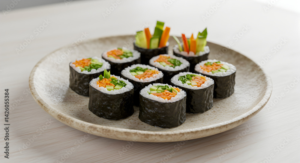 Close Up Of Freshly Prepared Vegetable Sushi On A Ceramic Dish Close Up Of Freshly Prepared Vegetable Sushi On A Ceramic Dish