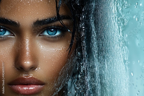A close-up portrait of a beautiful woman with blue eyes, her face is wet from the water splashing around it. She's standing under a clear sky, the background is blue and white, with the focus