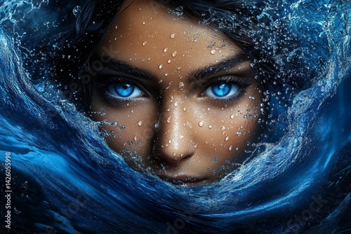 A close-up portrait of an attractive woman with blue eyes, standing underwater in the sea, with splashes and drops on her face. The style is hyper-realistic, with high detail, studio lighting,