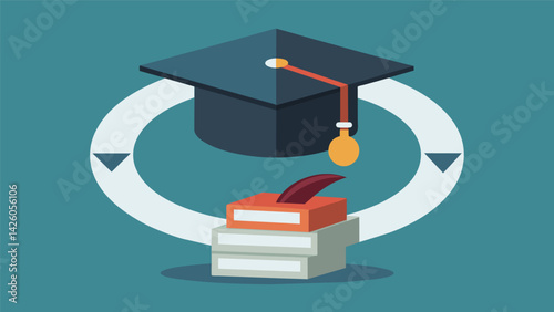 A graduation cap with a label reading student debt and an arrow pointing towards a dark hole representing the unending cycle of owing money.. Vector illustration