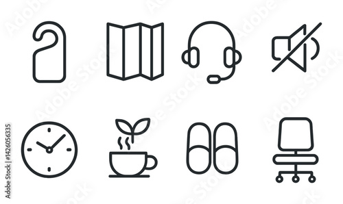 Hotel service icon set: 3d linear style featuring amenities and travel essentials