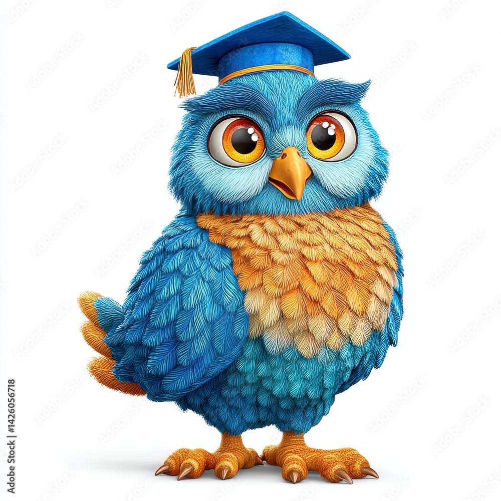 Fototapeta premium Cartoon Owl in Graduation Cap with Blue Feathers and Gold Details on White Background