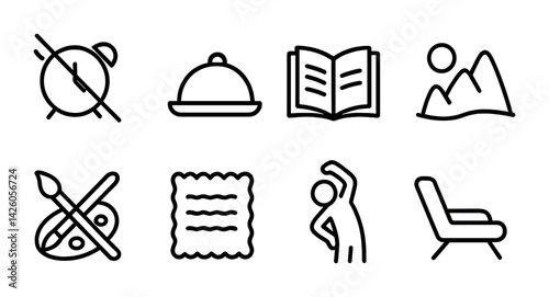 Leisure activity icons set: linear style with eight unique symbolic designs