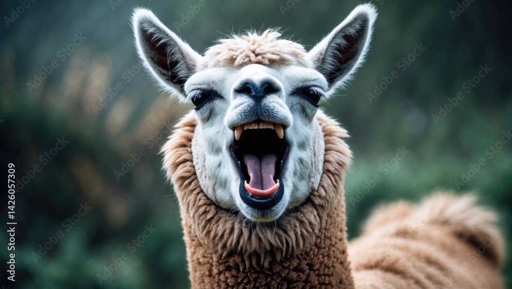 Obraz premium Close-up of a yawning alpaca with open mouth and teeth capturing a humorous animal moment