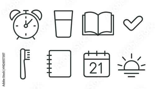 Essential daily routine icons set: linear style for morning activities
