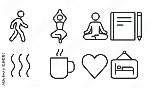 Wellness and relaxation icon set in outline style: yoga, meditation, spa, health, and more