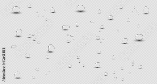 Transparent raindrops dripping down the glass.Realistic texture of wet condensation.Fresh water splash effect on the surface.Spreading liquid drops on transparent background. PNG