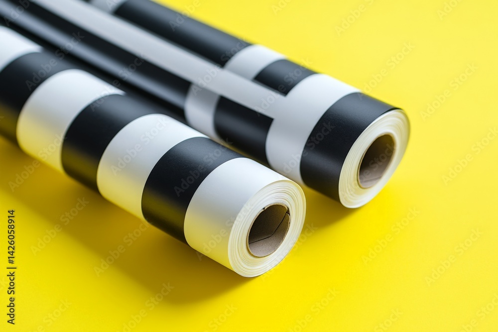 Fototapeta premium Striped black and white rolls on a vibrant yellow background showcasing creative design potential