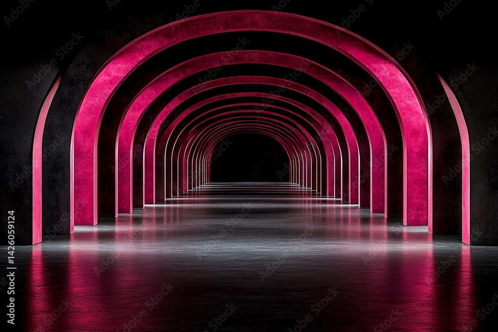 Naklejka premium A minimalist and psychedelic design of an empty room with walls made from pink arches, casting soft shadows on the floor, creating an atmosphere that is both dreamy and surreal. The use of bright