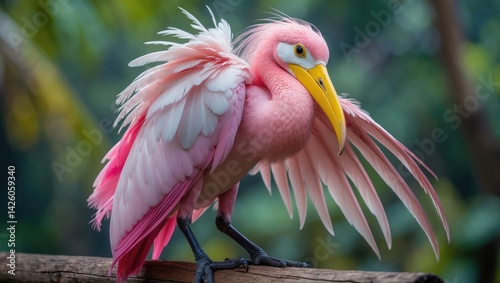 A graceful roseate spoonbill preening its vibrant feathers in a tropical wetland habitat photo