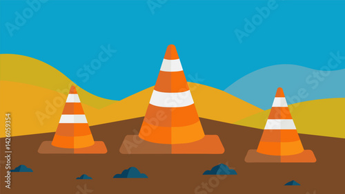The bright orange cones that once marked the progress of the project are now hidden under layers of muck.. Vector illustration