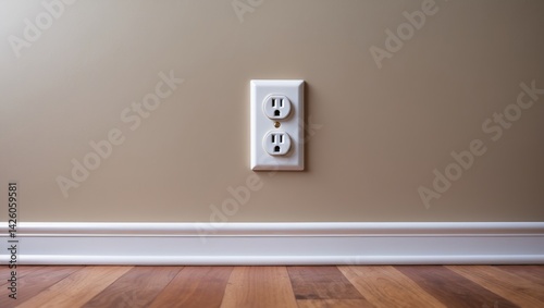 Wall-mounted 110 volt electrical outlet with baseboard and hardwood floor in the background