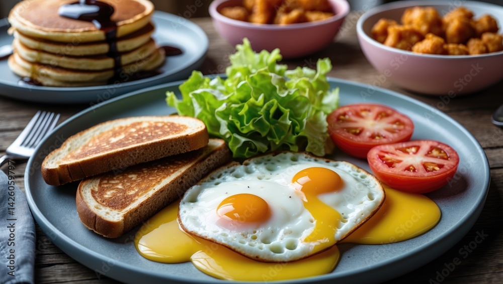 Eggs and toast breakfast on a white table with fresh ingredients