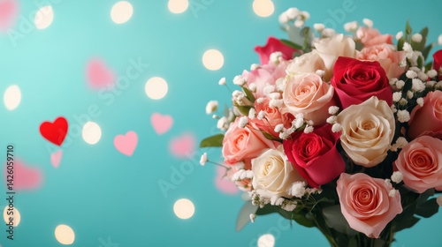 beautiful bouquet of roses various colors, including red and pink, surrounded by delicate white flowers, set against soft blue background with heart decorations. This arrangement evokes feelings