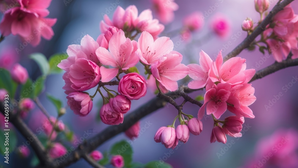 Fototapeta premium A sapling featuring a branch with large pink flowers