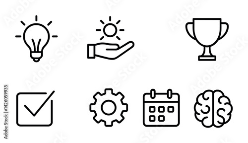 Essential outline icon set: lightbulb, hand with sun, trophy, checkmark, gear, calendar, brain