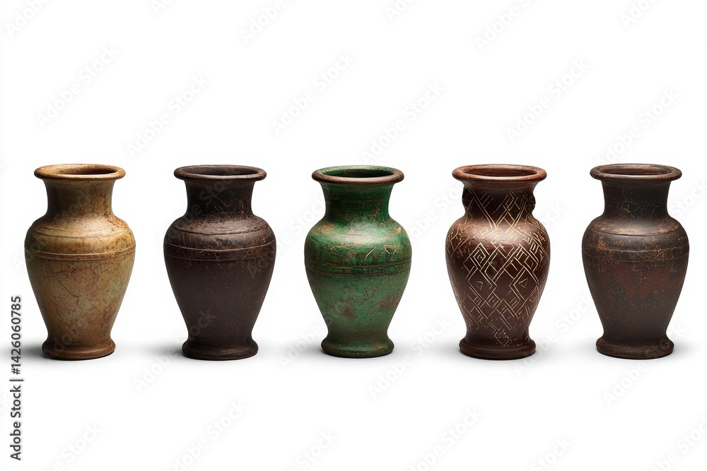 A set of ancient Greek vases with cracked glaze, isolated on a white background. A collection of antique terracotta pots decorated with cracks and worn paint. Vases, patterned, Greek, artistic, A set of ancient Greek vases with cracked glaze, isolated on a white background. A collection of antique terracotta pots decorated with cracks and worn paint. Vases, patterned, Greek, artistic,