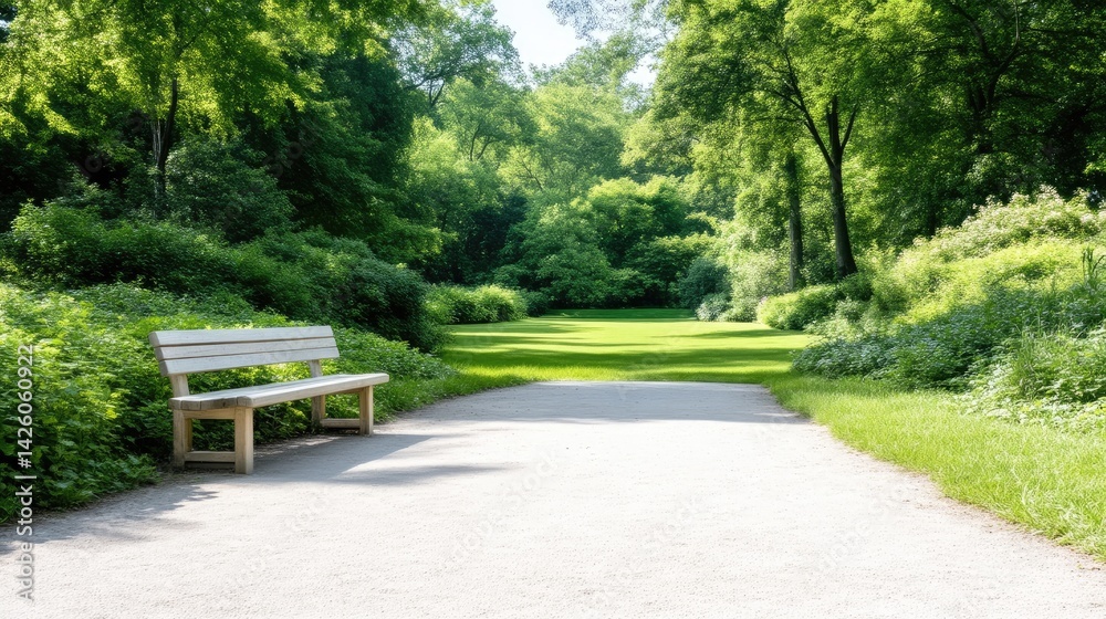 Fototapeta premium Tranquil park path with bench. Lush greenery, open space, and a peaceful atmosphere
