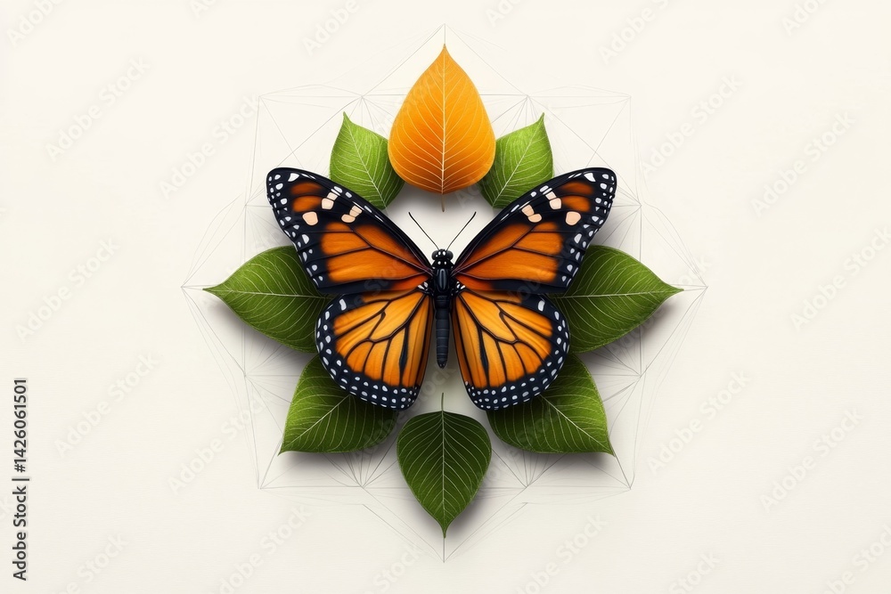 Obraz premium A vector illustration of an elegant, flat design featuring butterflies and leaves in the center with geometric shapes forming a circle around it. The color scheme includes green, orange, and