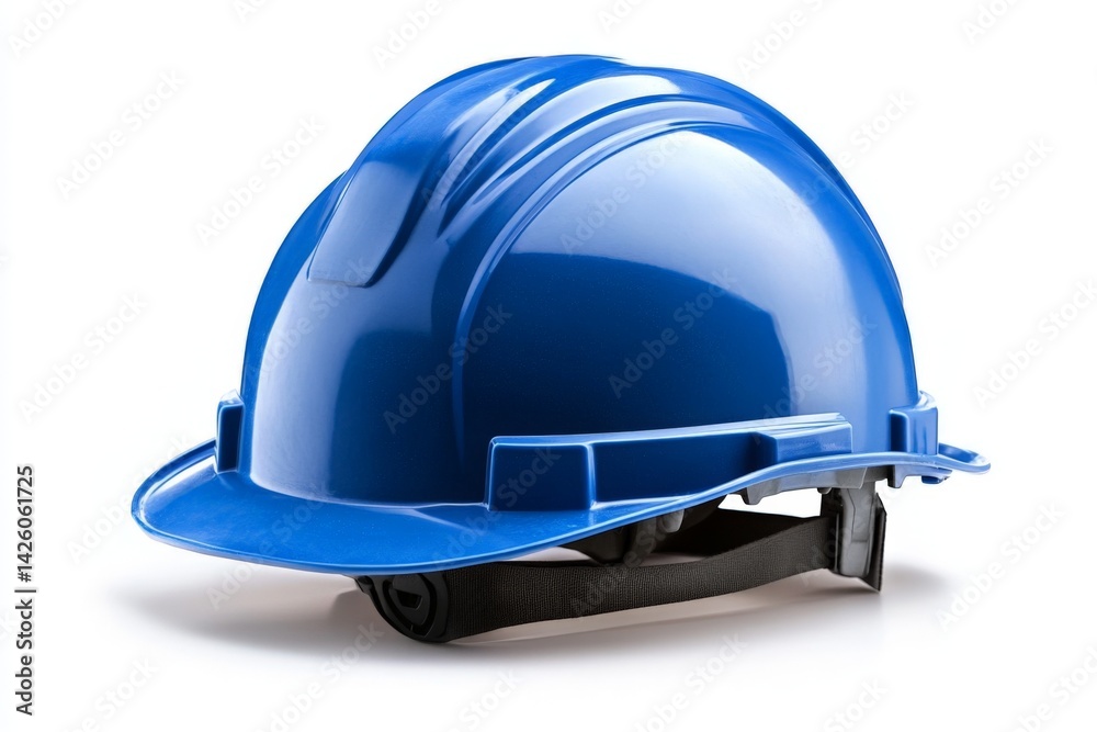Fototapeta premium Bright blue construction helmet placed on a white background highlighting safety equipment for workers