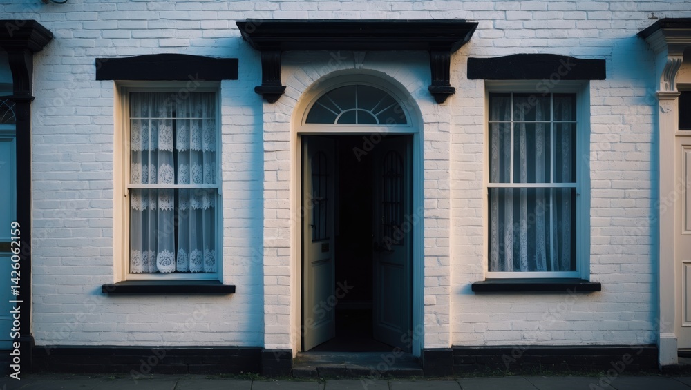 Fototapeta premium Open the front door and window of a classic old brick terraced house with decorative paint details