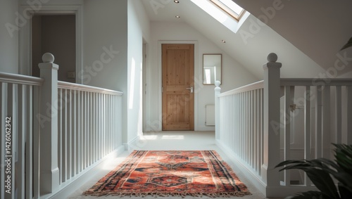First floor landing in a bungalow's loft conversion featuring skylight windows that create a bright atmosphere into a bedroom