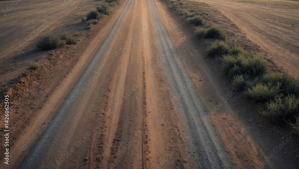 Naklejka premium Aerial view of a gravel road with tire tracks in rural countryside