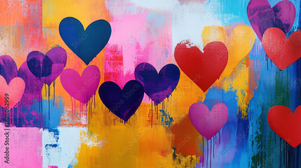 custom made wallpaper toronto digitalVibrant hearts various colors create lively and cheerful atmosphere, perfect for expressing love and affection. This colorful artwork features mix of pink, purple, and red hearts against bright