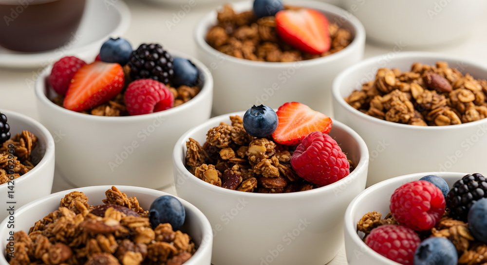 Granola Bowls With Assorted Berries For A Healthy Breakfast Concept