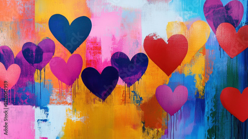 Wallpaper Mural Vibrant hearts various colors create lively and cheerful atmosphere, perfect for expressing love and affection. This colorful artwork features mix of pink, purple, and red hearts against bright Torontodigital.ca
