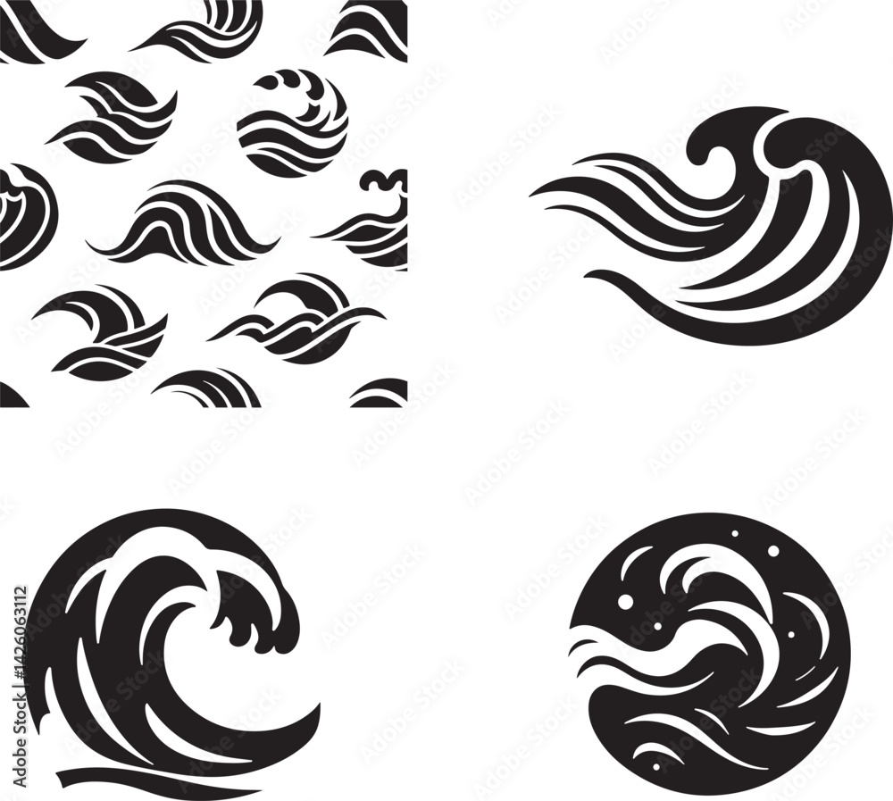 Silhouette of sea wave at sunset, minimalistic ocean art, black wave shape over gradient orange and purple sky, high contrast design, vector style, flat aesthetic, calm sea horizon, peaceful art. Silhouette of sea wave at sunset, minimalistic ocean art, black wave shape over gradient orange and purple sky, high contrast design, vector style, flat aesthetic, calm sea horizon, peaceful art.