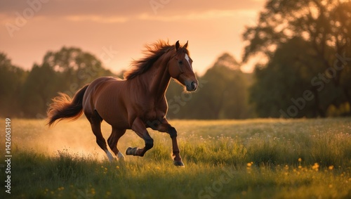 A red horse running swiftly across a field