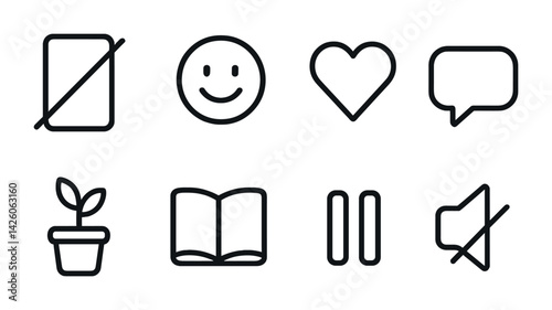 Minimalist line icons set: emotions, communication, nature, and media controls