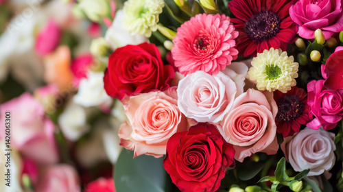 beautiful arrangement of vibrant flowers featuring red, pink, and white roses, along with colorful gerbera daisies and chrysanthemums, creating cheerful and romantic atmosphere